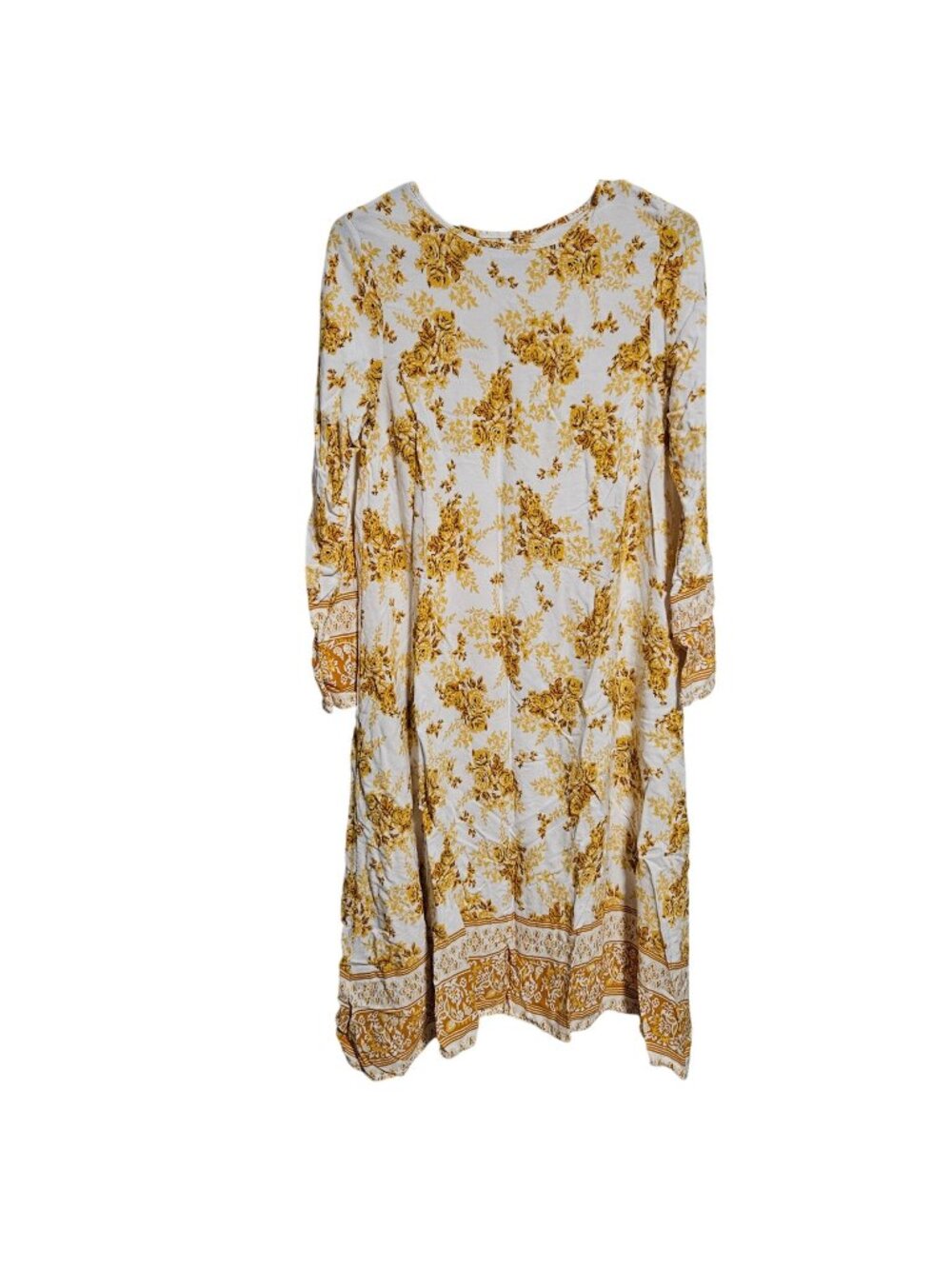 Vintage Cottagecore Dress Size 40 Floral Peasant Boho Yellow Midi Long Sleeve